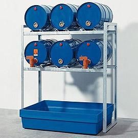 Aftapstation van verzinkt staal voor 6 vaten à 60 liter met PE lekbak zonder rooster